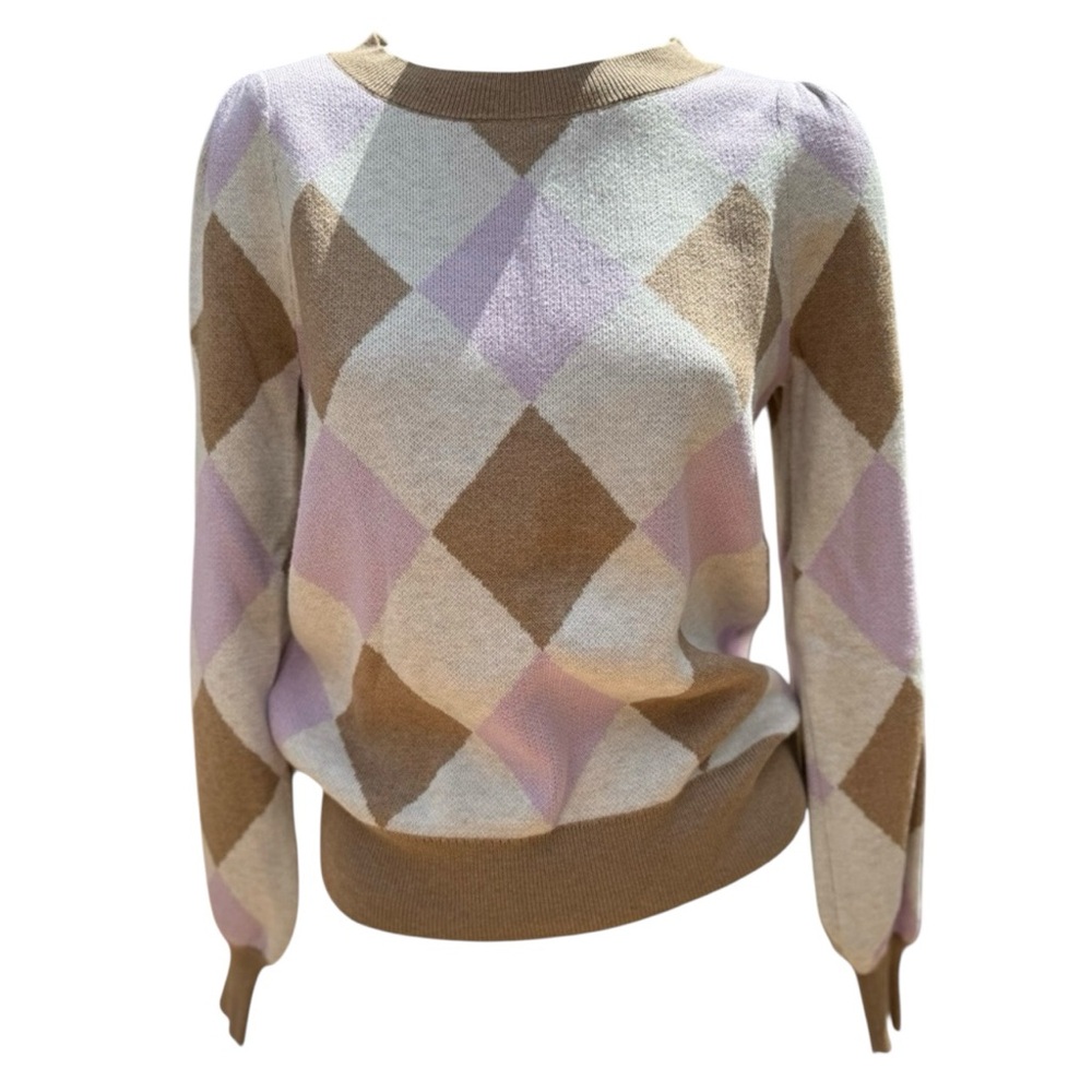 Loft Argyle Patterned Sweater - Long Sleeve Tan And Lavender Size Xs